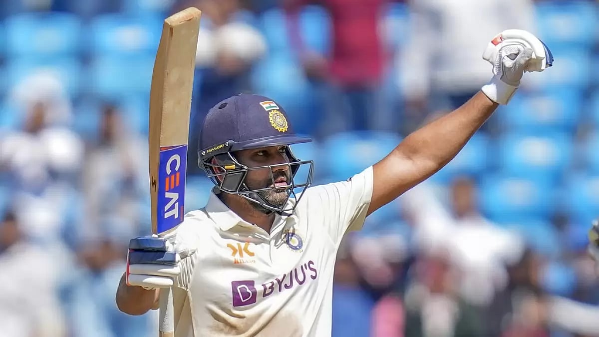 Rohit Sharma celebrates after reaching his hundred on Day 2 of the 1st Test on Friday.