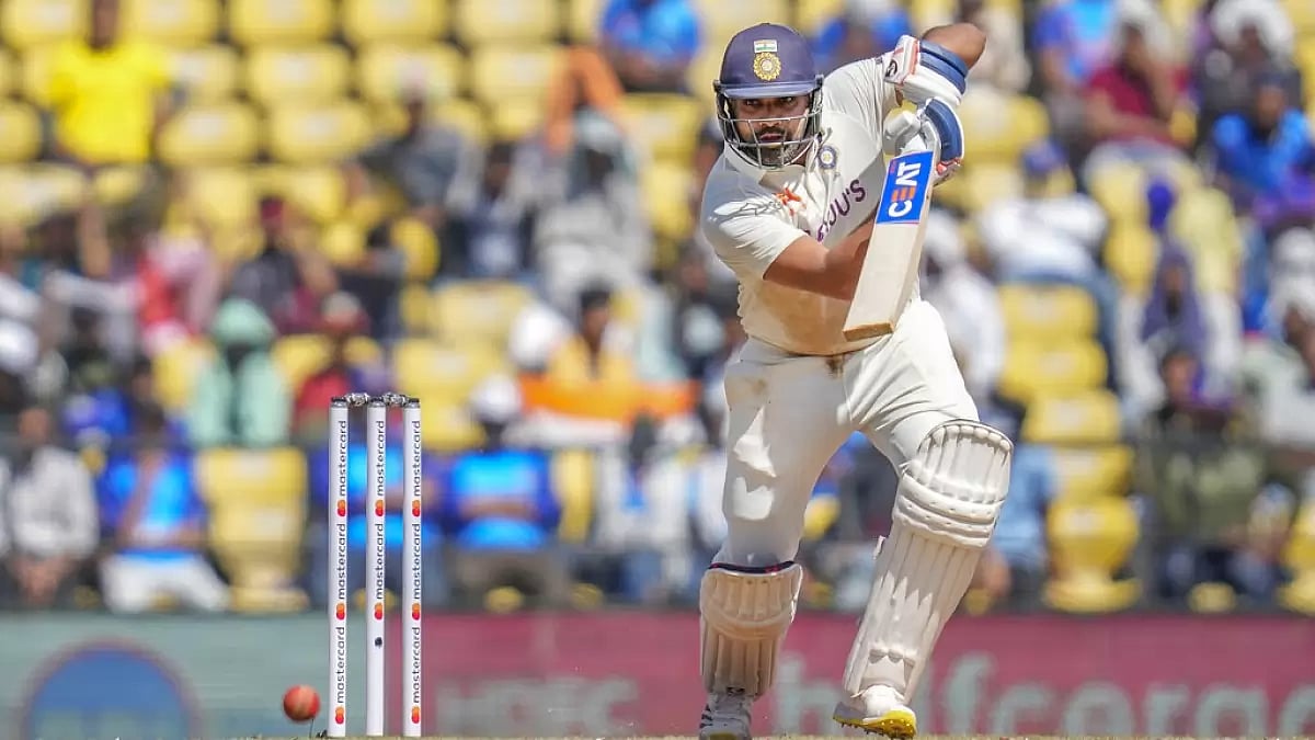 Rohit plays one through the off side en route to his century on Day 2 of the 1st Test.