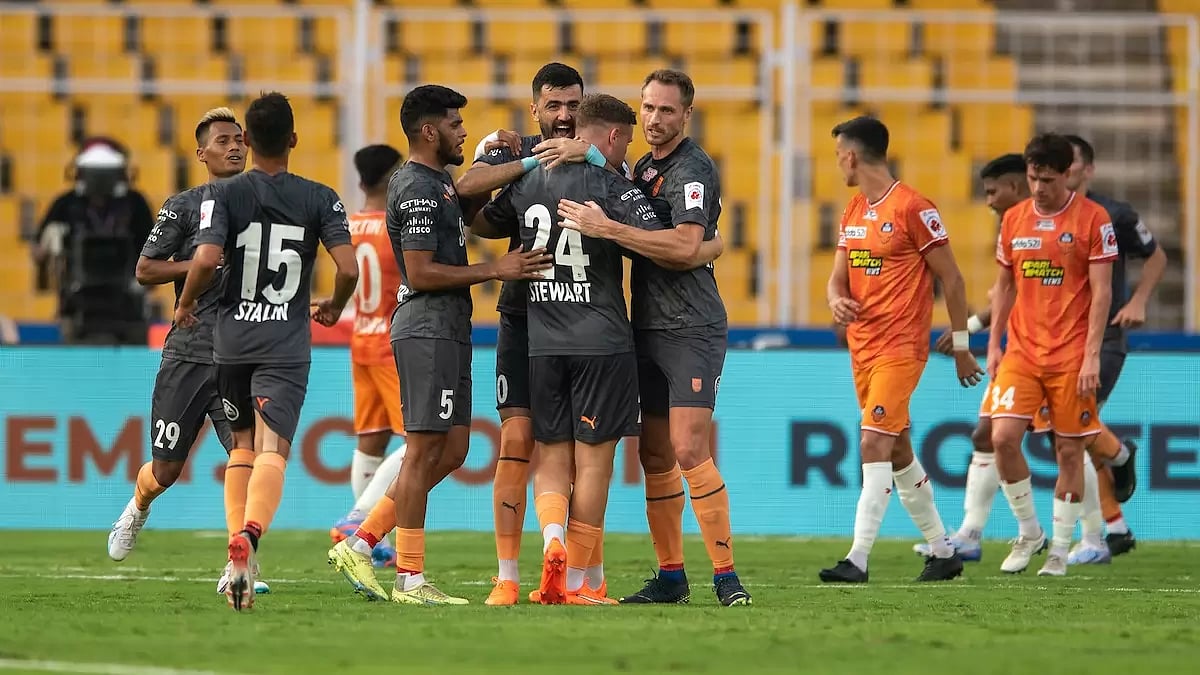 MCFC players celebrate after Greg Stewart's goal against FCG on Saturday/