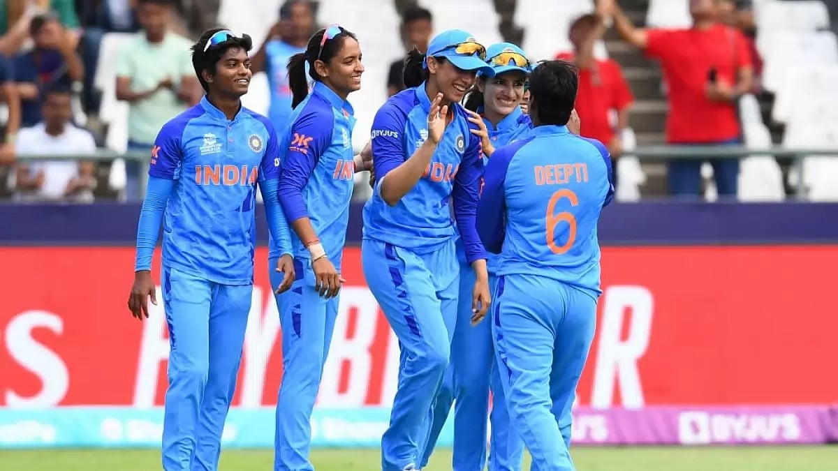 Deepti Sharma celebrates the wicket of Campbelle with teammates in Cape Town on Wednesday.