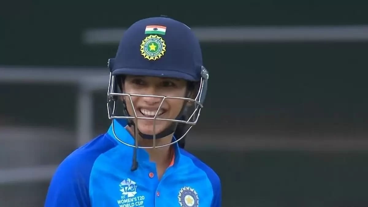 Smriti Mandhana reacts during India's match against England on Saturday.