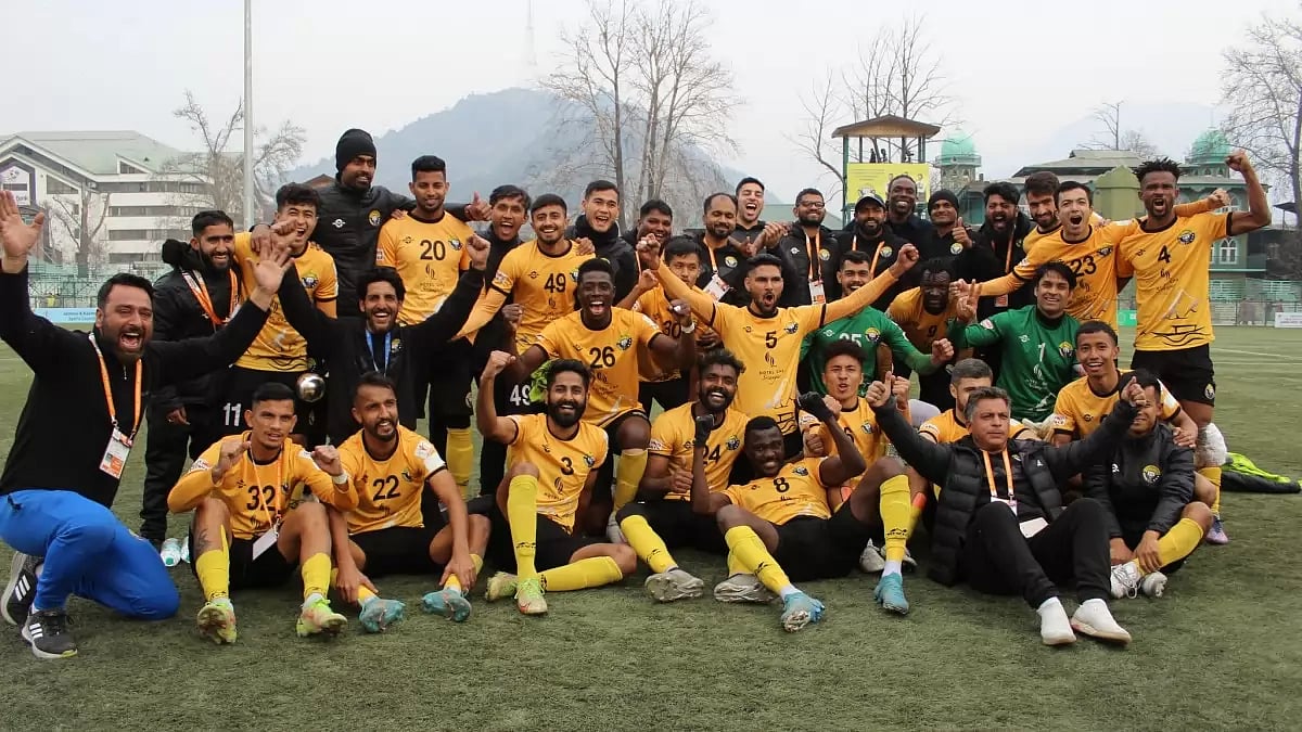 Players of Real Kashmir celebrate their win over Mohammedan Sporting on Saturday.