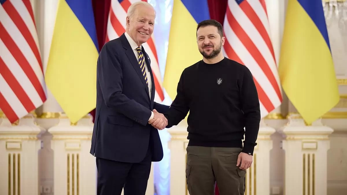 US President Joe Biden with Ukrainian President Volodymyr Zelenskyy in Ukrainian capital Kyiv. 