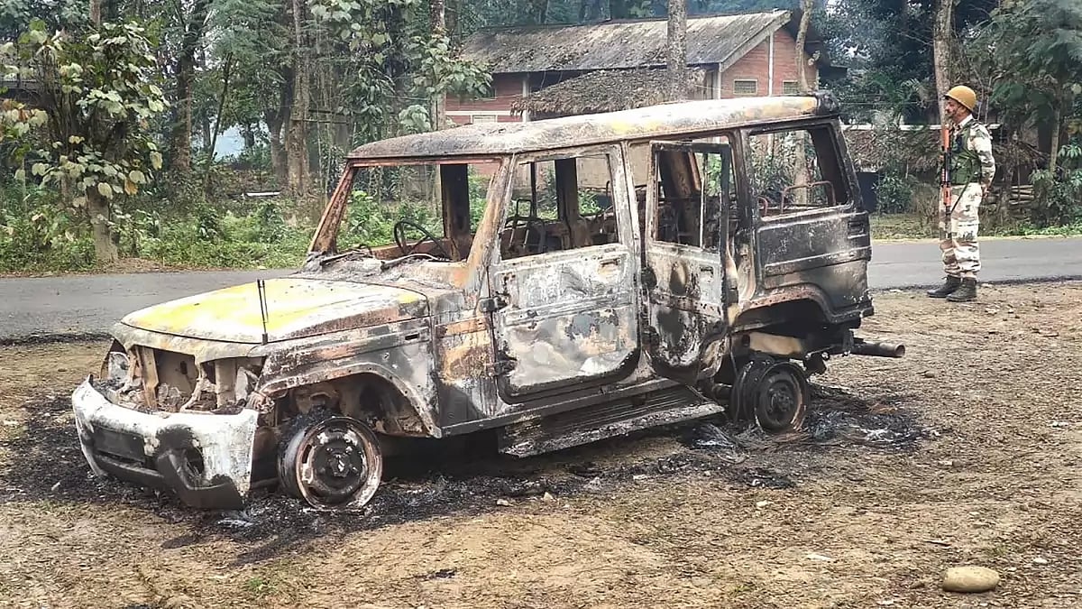 A charred vehicle that was burnt by unidentified miscreants in pre-poll violence in Tizit constituency of Mon district of Nagaland. 