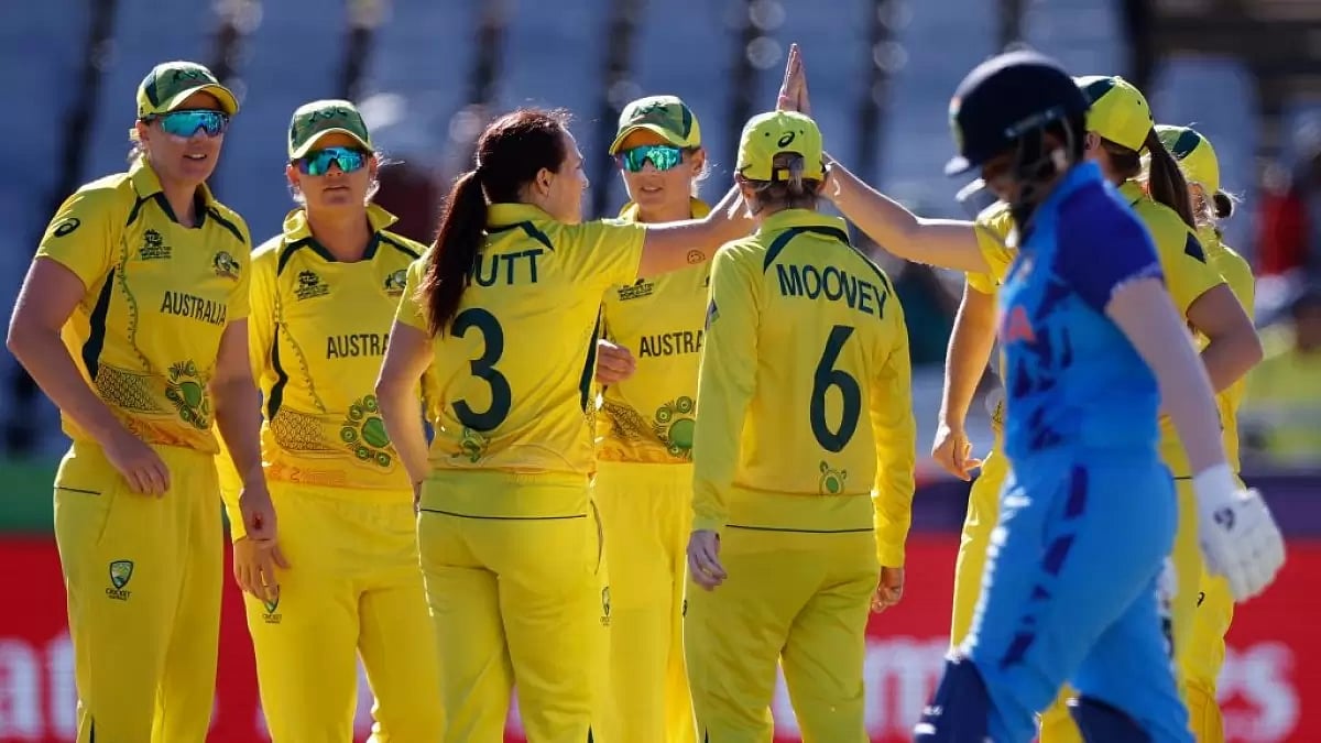 Australia players celebrate the wicket of Shafali Verma on Thursday.