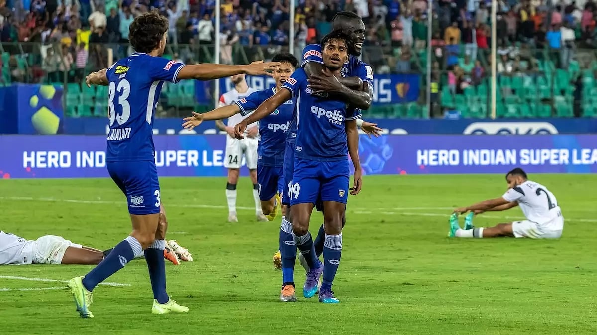 Sajal Bag, centre, celebrates with his teammates after scoring the winner on Friday.