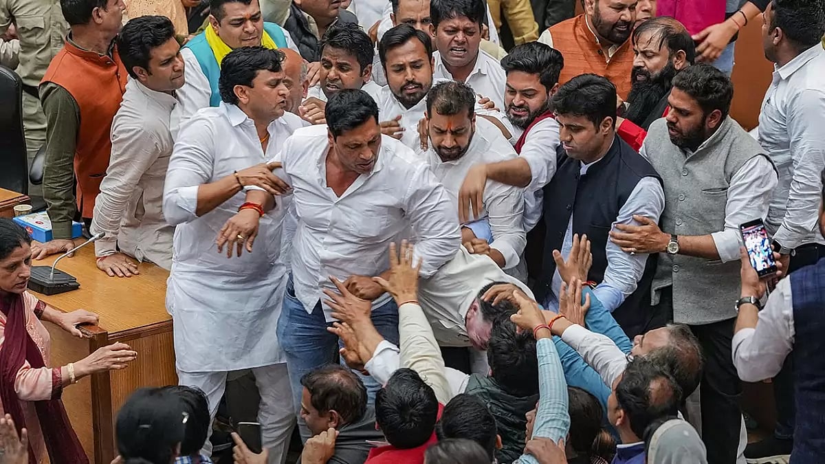 Councillors of AAP and BJP clash during the election of members of the MCD Standing Committee, at the Civic Centre in New Delhi.