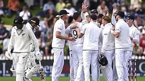 England players celebrate the wicket of Devon Conway on Day 2 of the 2nd Test on Saturday.