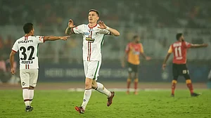 Slavko Damjanovic celebrates after scoring ATKMB's second goal on Saturday.