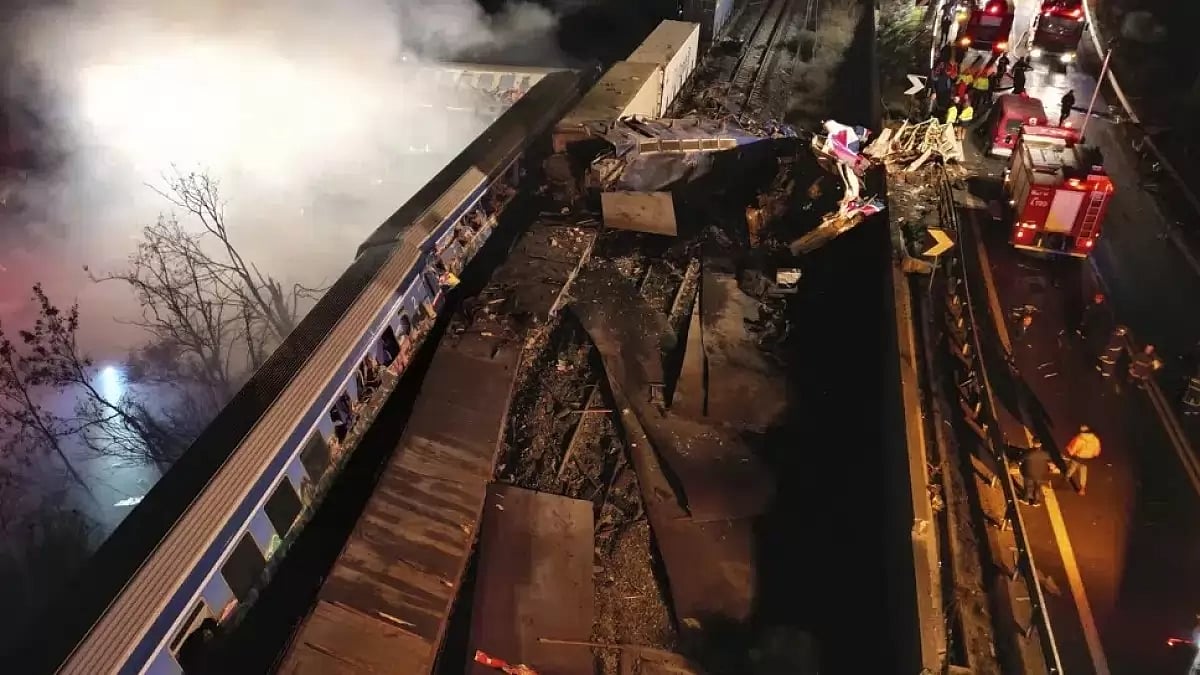Smoke rises after a fiery collision between a freight and a passenger train in Greece on Wednesday.