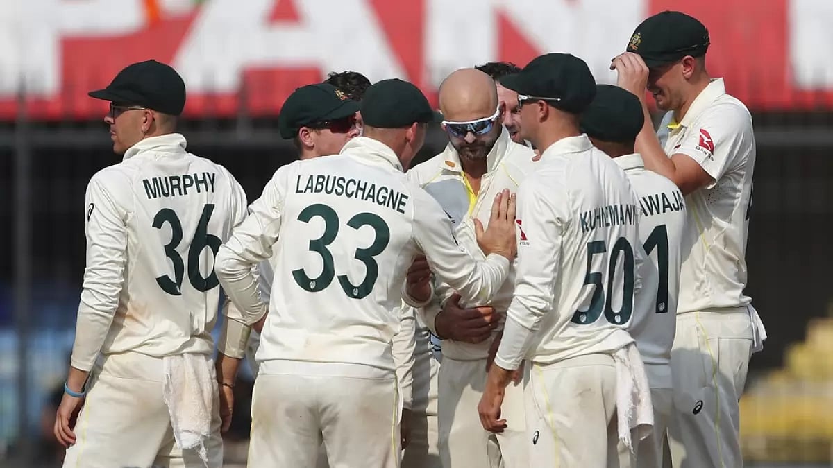 Australia players celebrate the wicket of Ashwin on Day 2 of the 3rd Test on Thursday.