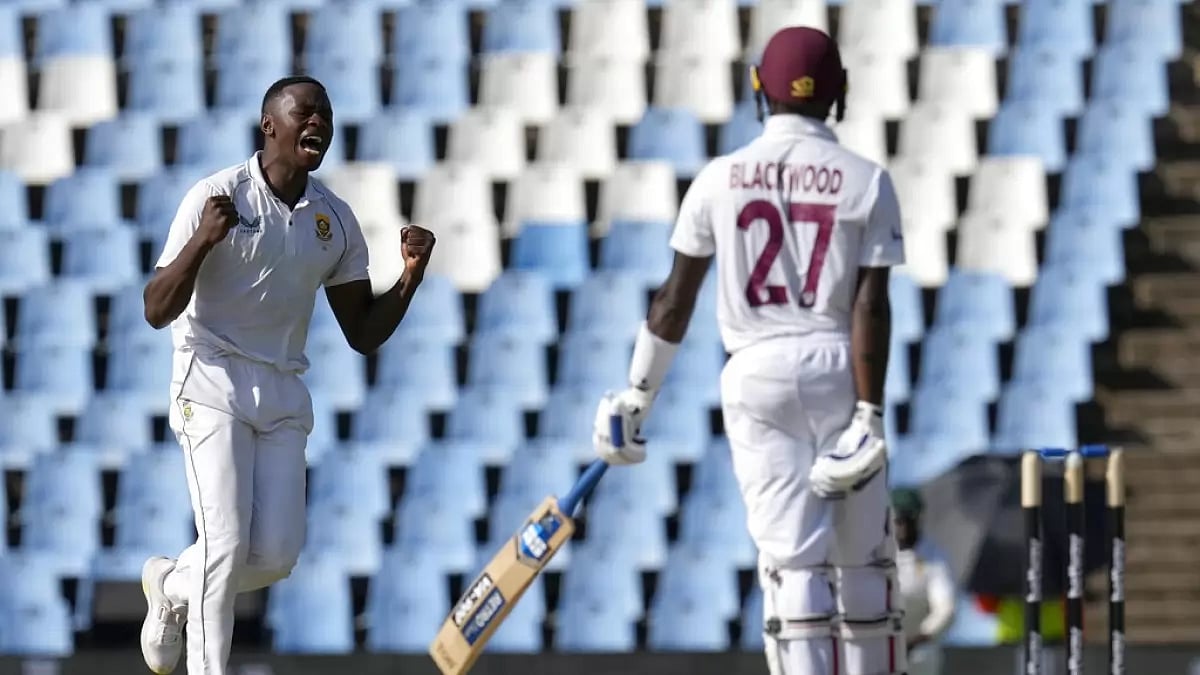 Rabada celebrates the dismissal of Jermaine Blackwood during the 1st SA vs WI Test on Thursday.