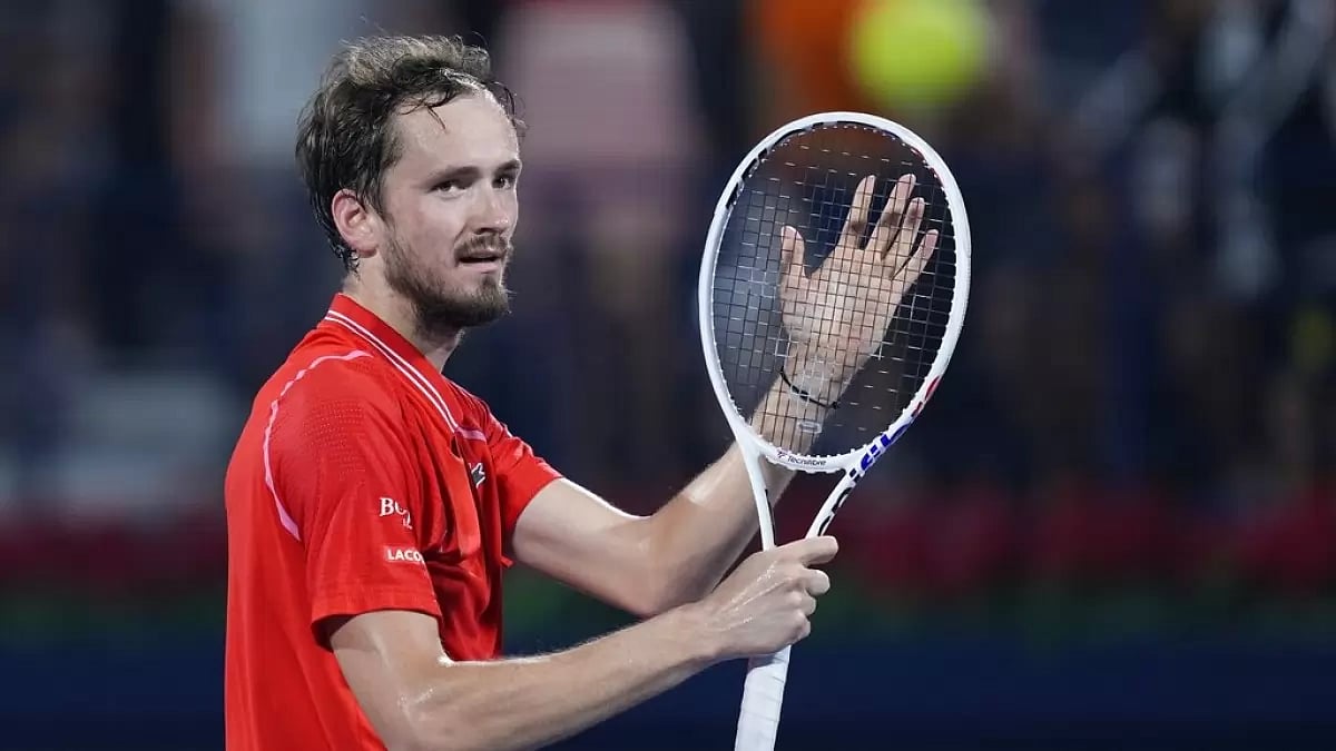 Medvedev celebrates his victory over Djokovic in Dubai on Friday.