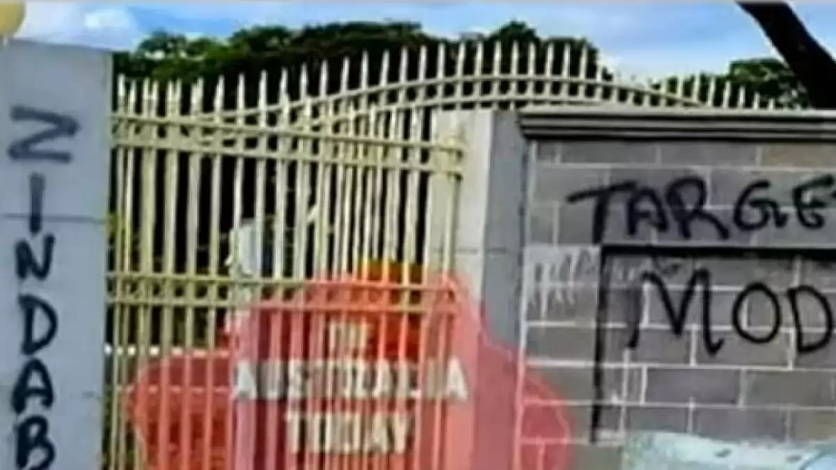 Anti-India graffiti on the walls of the Shri Shiva Vishnu Temple in Victoria