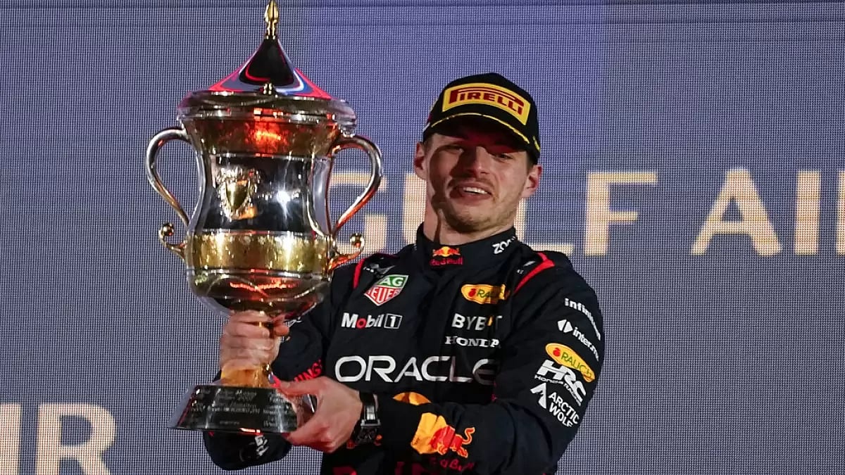 Verstappen celebrates his Bahrain GP victory at Sakhir Circuit on Sunday.