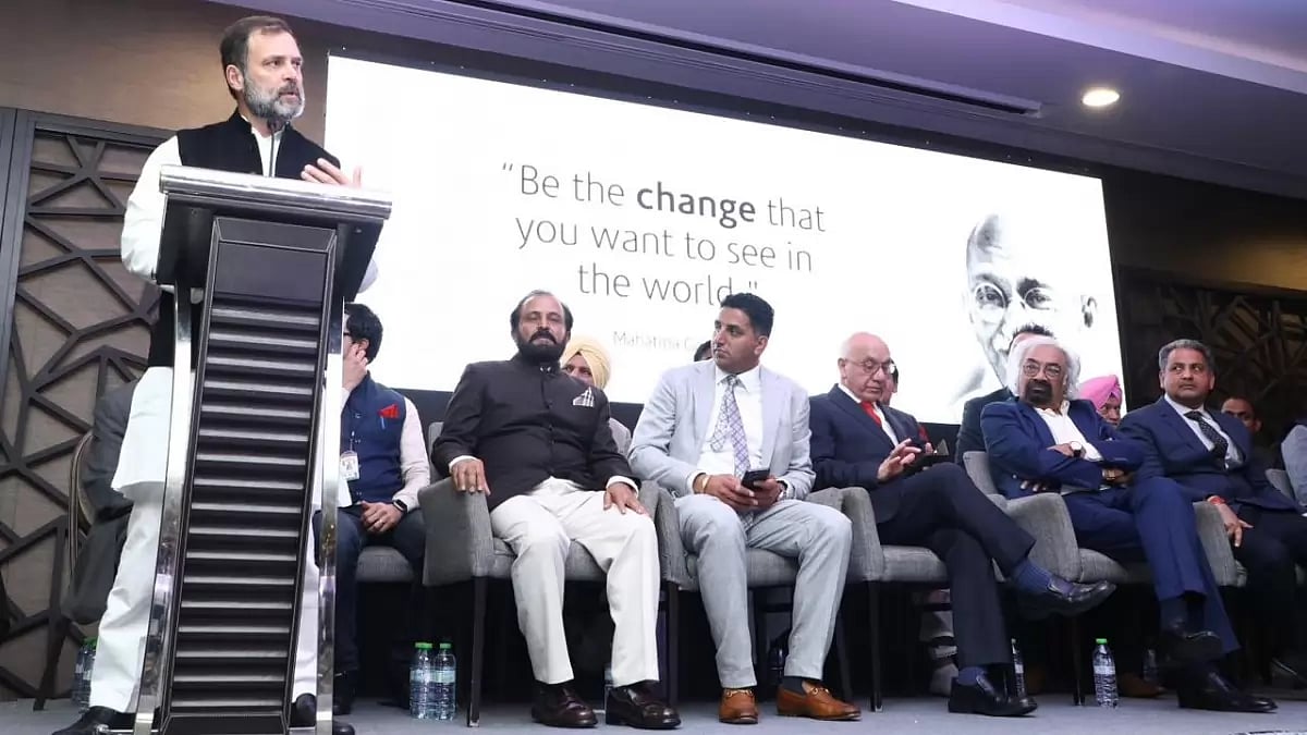 Congress leader addressing a diaspora event during his weeklong visit of the United Kingdom