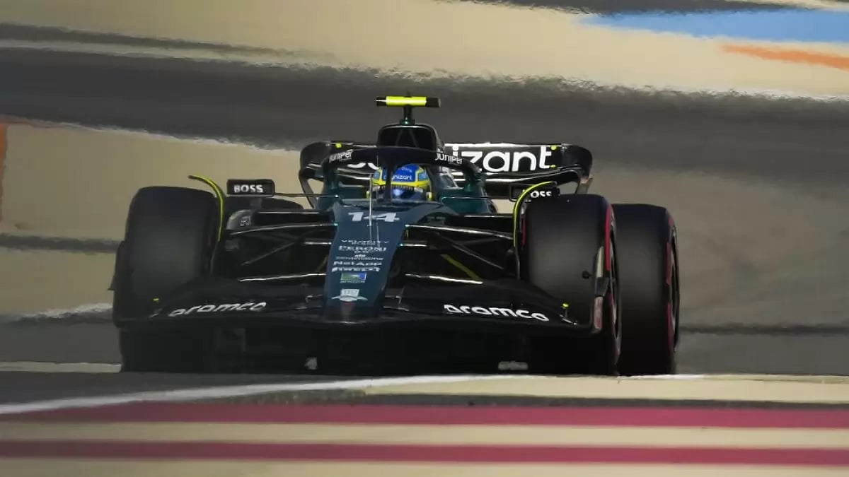Aston Martin's Fernando Alonso in action at the Bahrain GP.