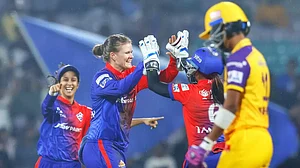 Jonassen celebrates the wicket of Kiran Navgire on Tuesday.