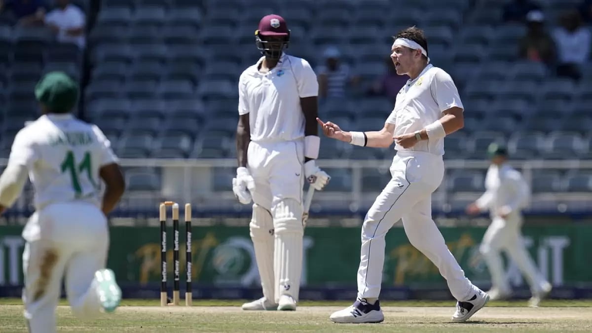 Gerald Coetzee celebrates after dismissing Jason Holder on Day 4 of the 2nd Test on Saturday.