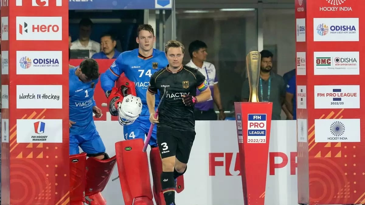 Mats Grambusch leads the team onto the pitch ahead of their match against Australia on Saturday.
