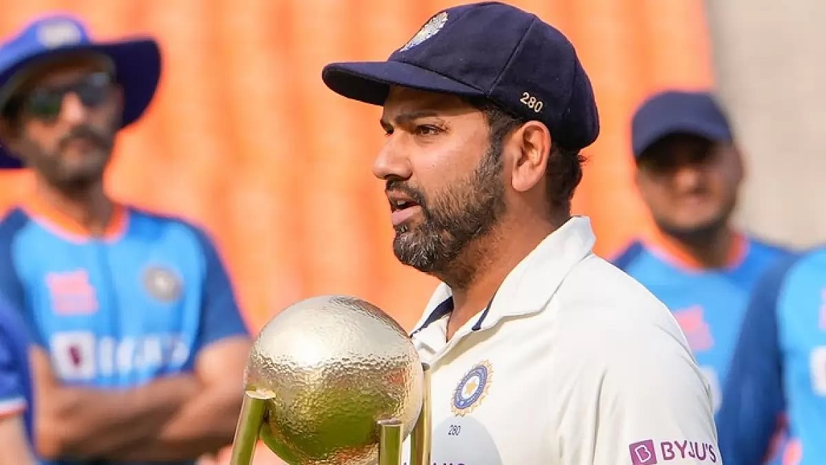 Rohit Sharma holds the Border-Gavaskar trophy after winning the series 2-1.