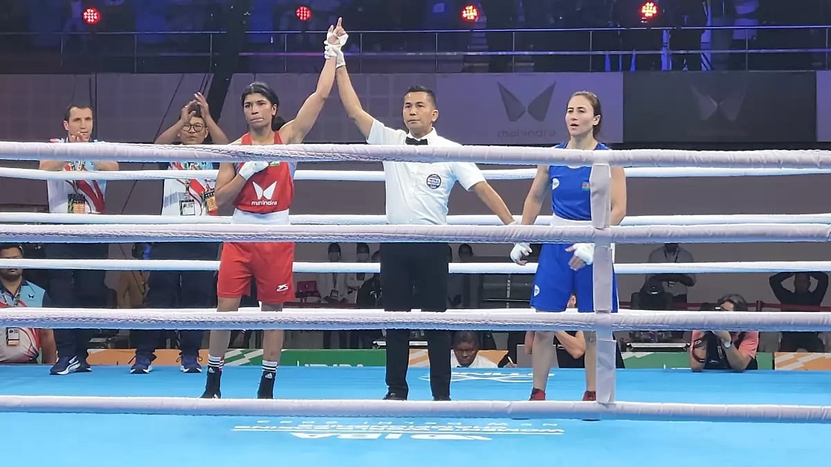 Nikhat has her hand raised after his first round win over Ismayilova on Thursday.