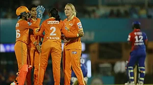 Gujarat Giants players celebrate the wicket of Meg Lanning on Thursday.