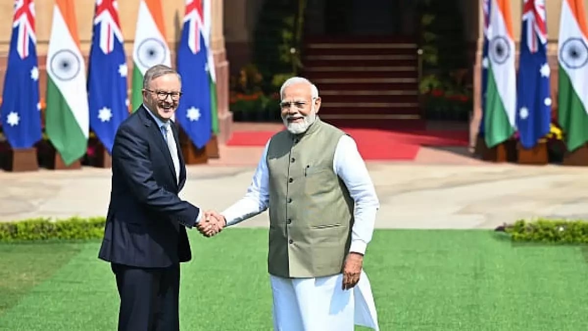 Prime Minister Narendra Modi and Australian Prime Minister Anthony Albanese exchange greetings before their meeting at Hyderabad House on March 10, 2023 in New Delhi, India