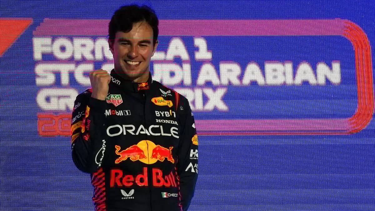Red Bull driver Sergio Perez of Mexico celebrates after winning the Saudi Arabia GP.
