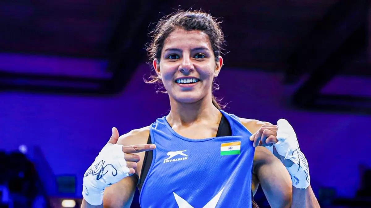 Sakshi celebrates her win over Urakbayeva of Kazakhstan on Monday.