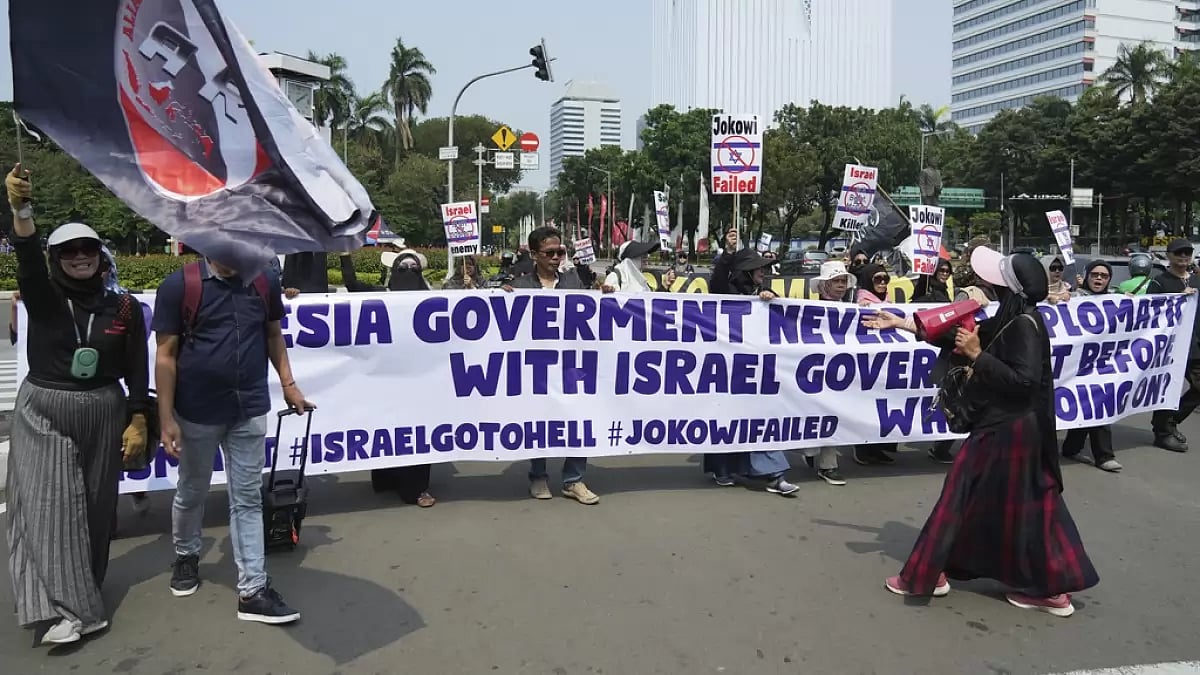Protesters march during a protest in Jakarta, Indonesia, on Monday.
