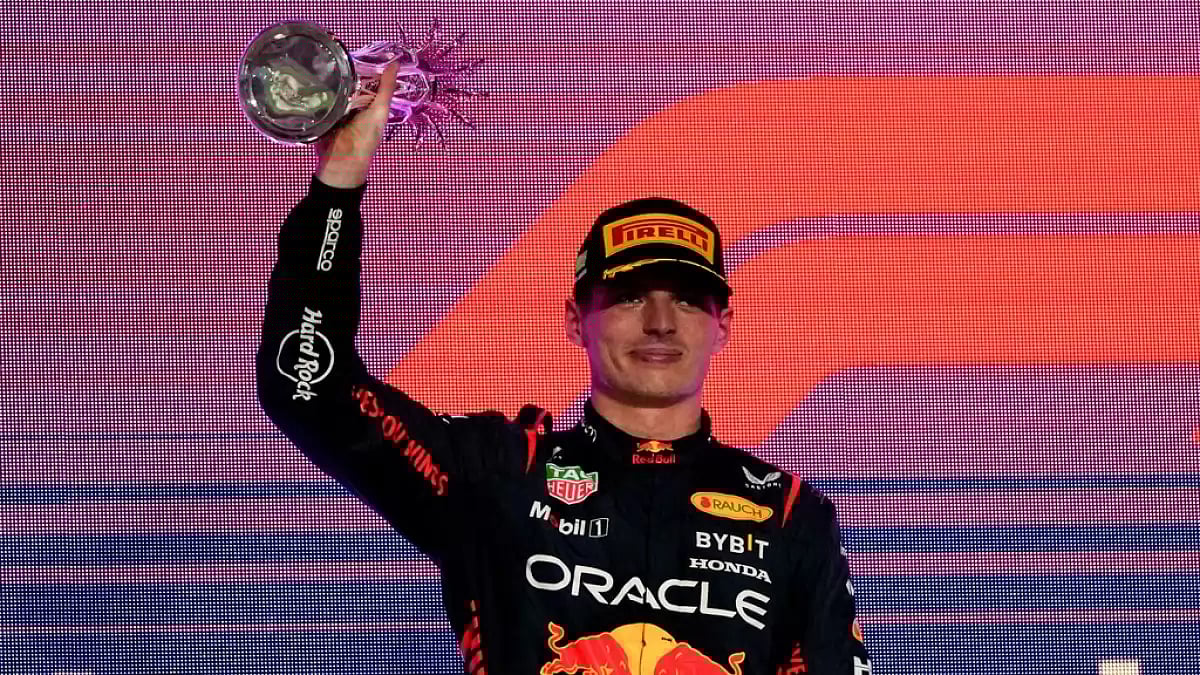 Verstappen celebrates his 2nd place win at the Bahrain GP on Sunday.