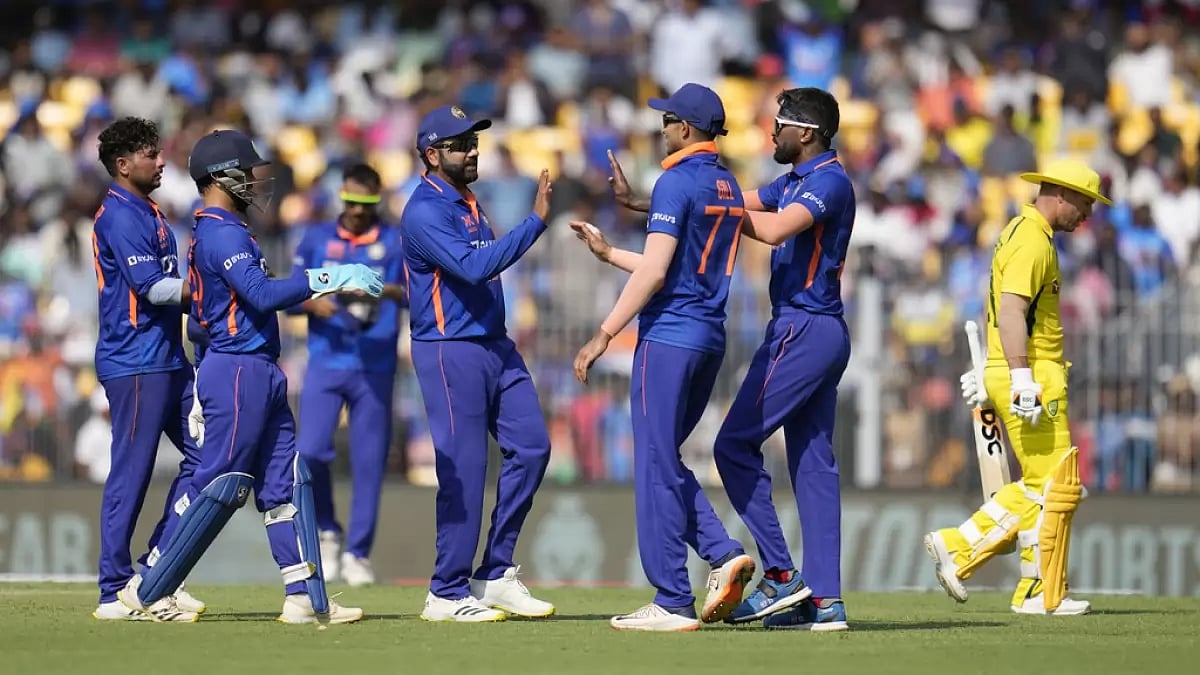 Players of Team India celebrate the wicket of David Warner in Chennai on Wednesday.