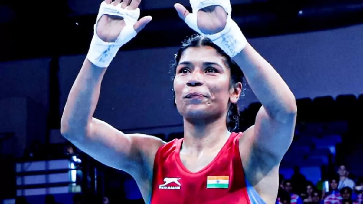 Nikhat Zareen celebrates her win over Ingrit Valencia in New Delhi on Thursday.