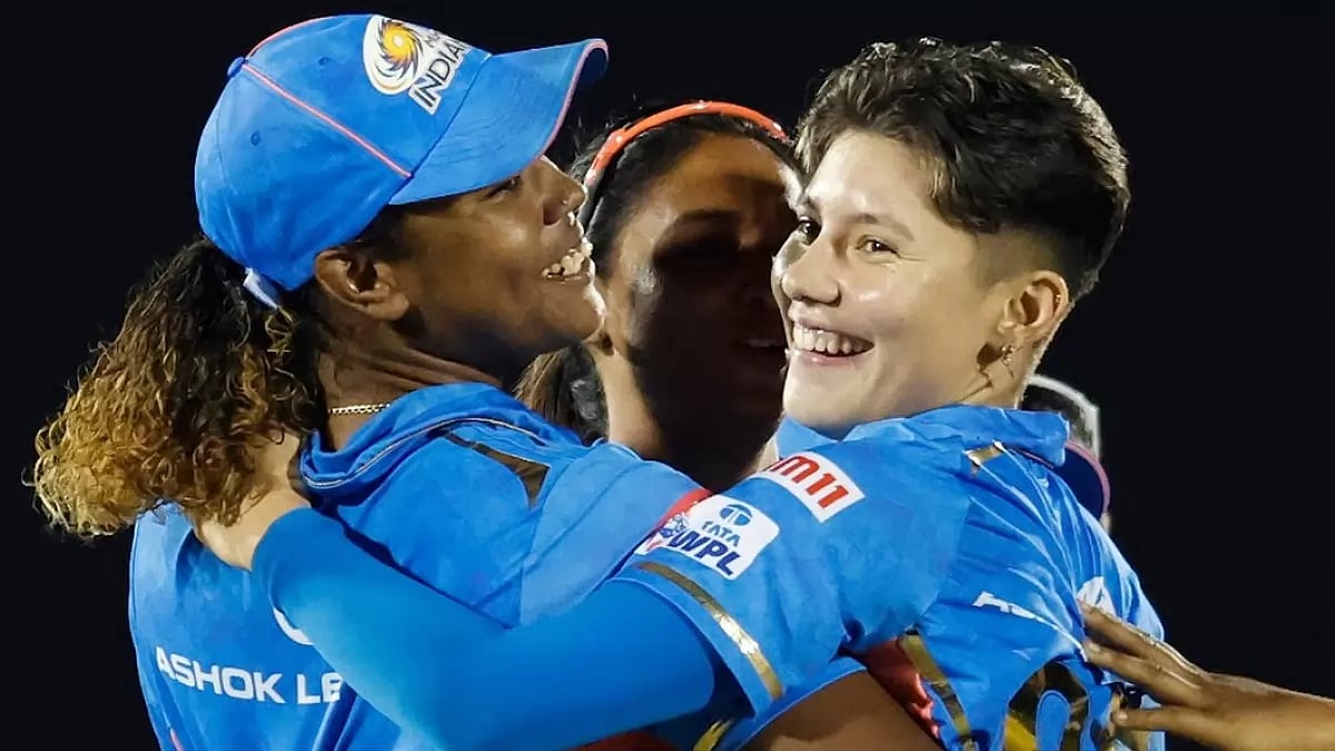 MI players celebrate the wicket of Jemimah Rodrigues in the WPL final on Sunday.