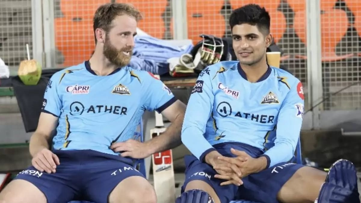 Kane Williamson interacts with Shubman Gill during GT's team practice session.