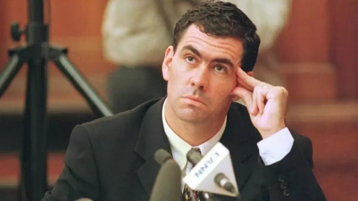 Hansie Crojne at the King Commission inquiry, where he would admit to taking money from bookies.