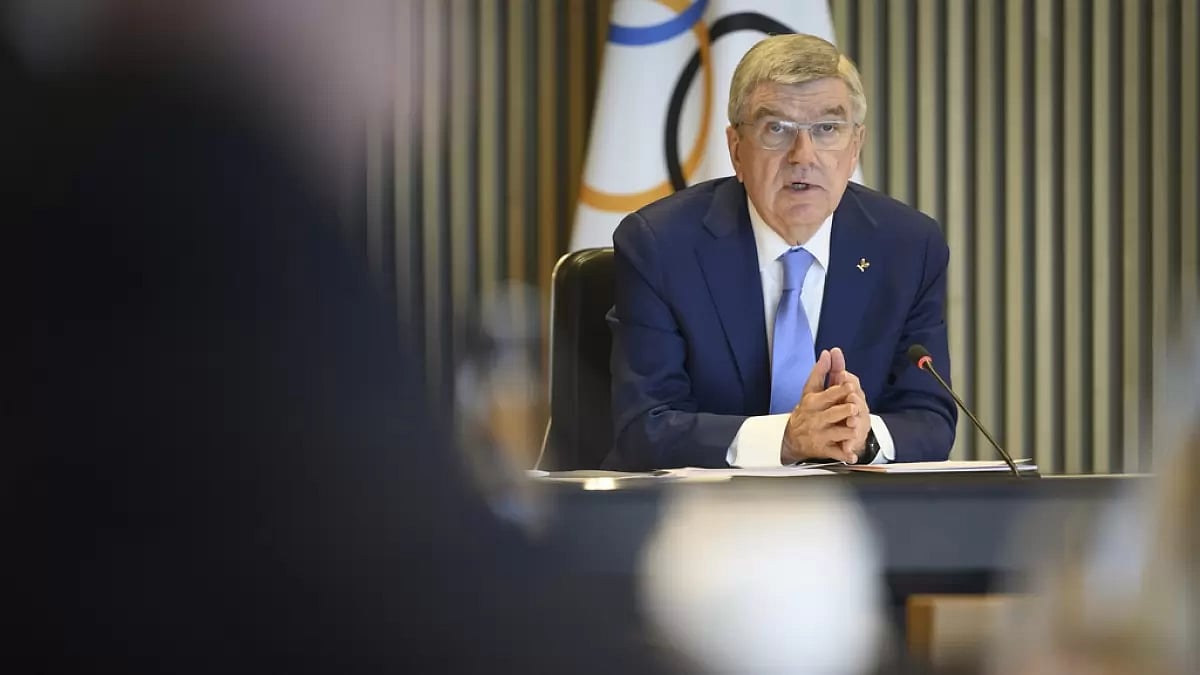 Bach speaks at the IOC board meeting in Switzerland on Tuesday.