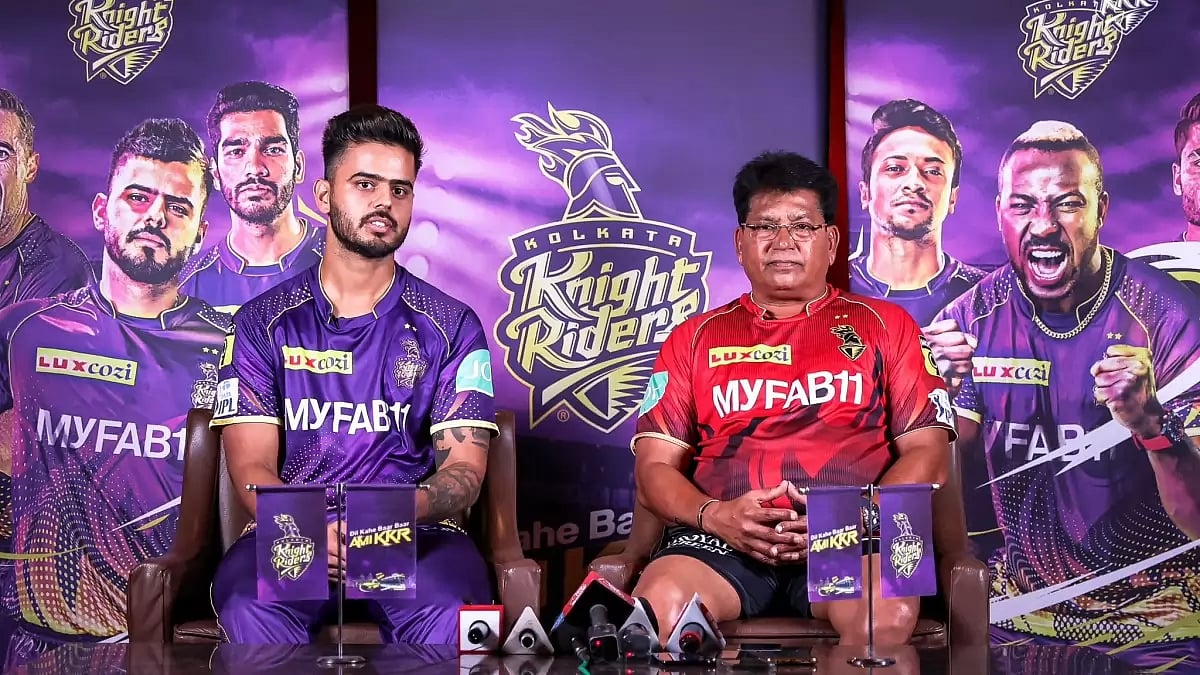 Nitish Rana and Chandrakand Pandit attend a press conference on Tuesday.