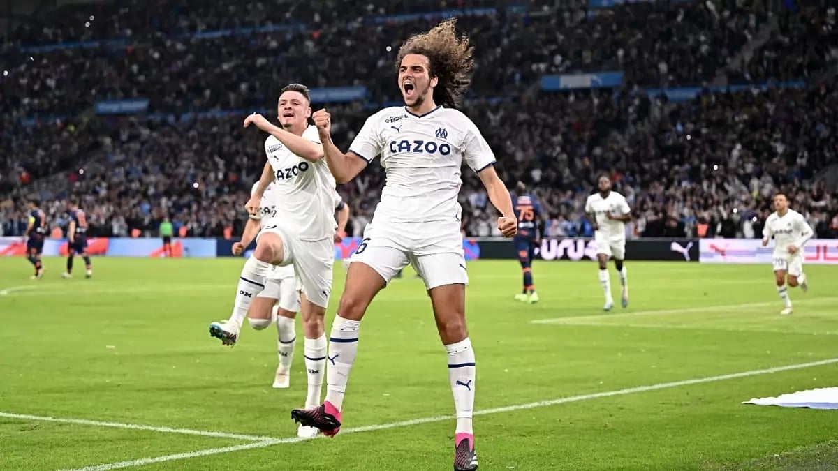 Guendouzi celebrates after scoring Marseille's opening goal against Montpellier on Friday.
