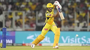 Gaikwad plays a shot through the off-side in the match against GT on Friday.