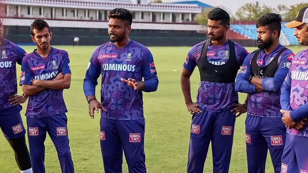 Sanju Samson talks to his team-mates during a practice session on Wednesday.