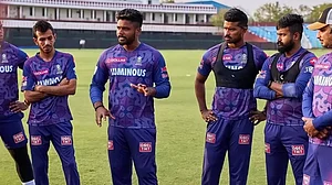Sanju Samson talks to his team-mates during a practice session on Wednesday.