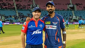 David Warner and KL Rahul at the toss in Lucknow.