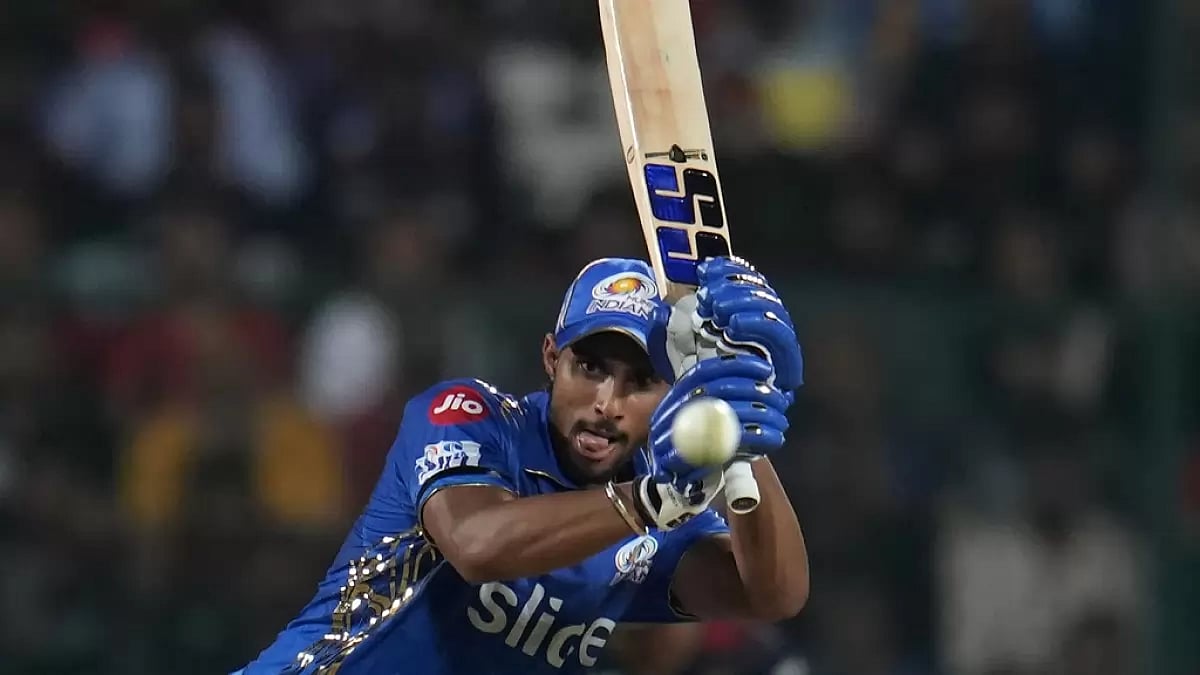 Tilak Varma plays a shot through the leg-side during his 84* on Sunday.