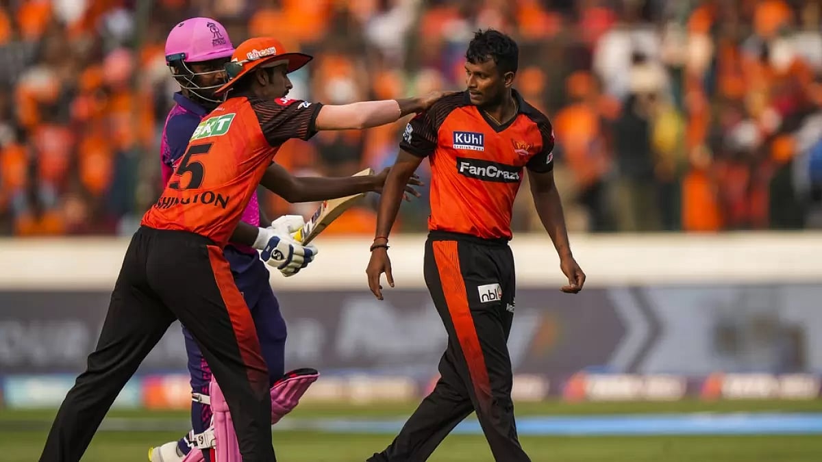 Natarajan is congratulated by W Sundar after dismissing Sanju Samson in Hyderabad on Sunday.