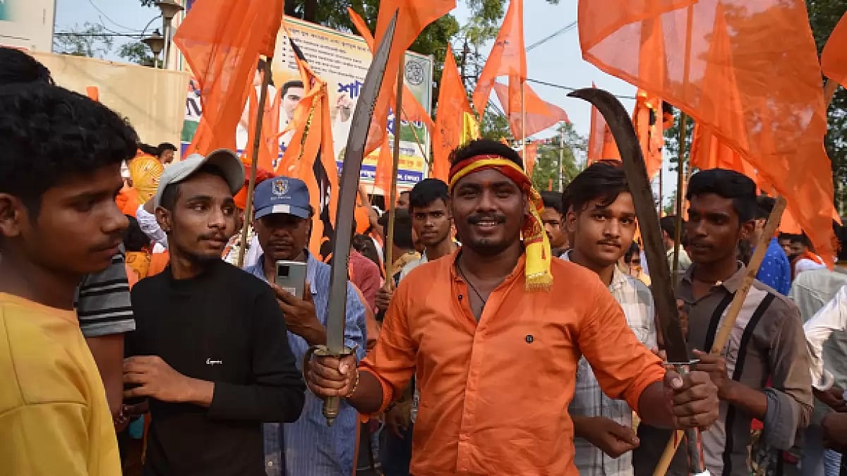 Hindu devotees sporting swords at a Ram Navami procession in Howrah, West Bengal