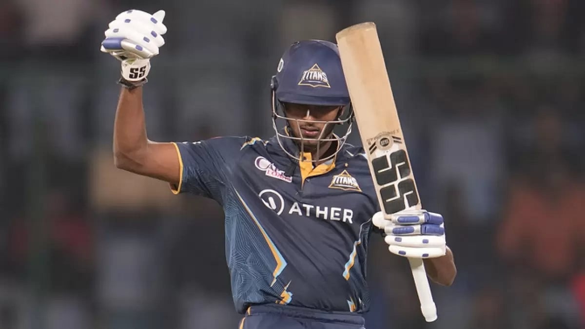 Sudharsan celebrates after reaching his fifty against Delhi Capitals on Tuesday.