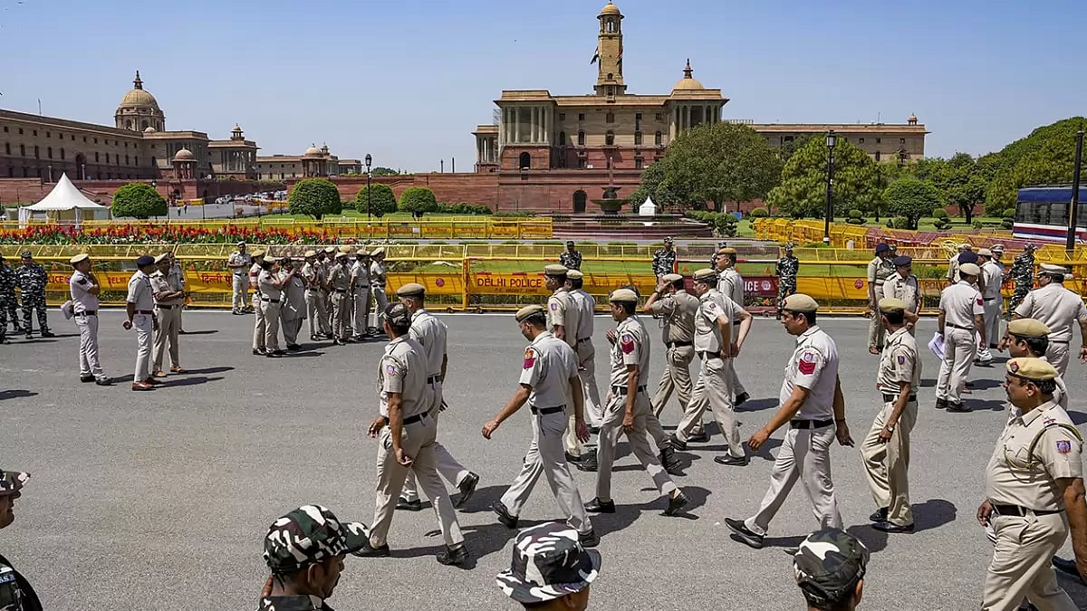 Security personnel deployed for the ‘Tiranga March’ of Opposition MPs