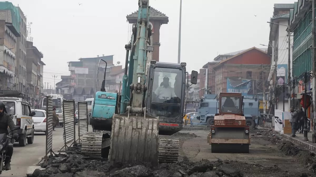 Ongoing construction work in Srinagar as part of the facelift ahead of G-20 meeting.
